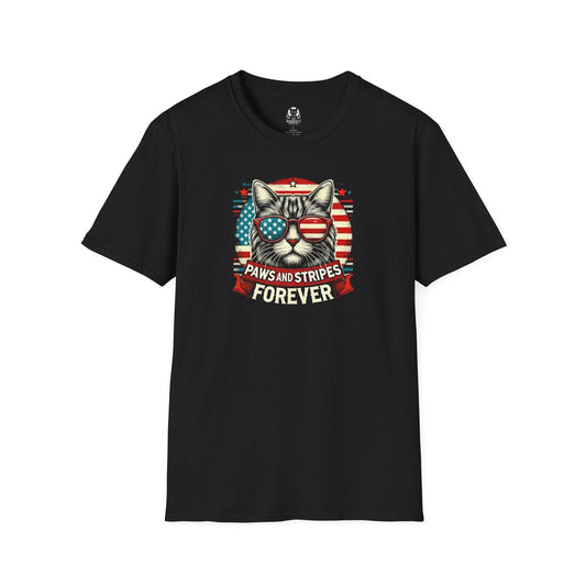 Paws and Stripes Forever Unisex Softstyle T-Shirt - 4th of July Cat Lovers Tee