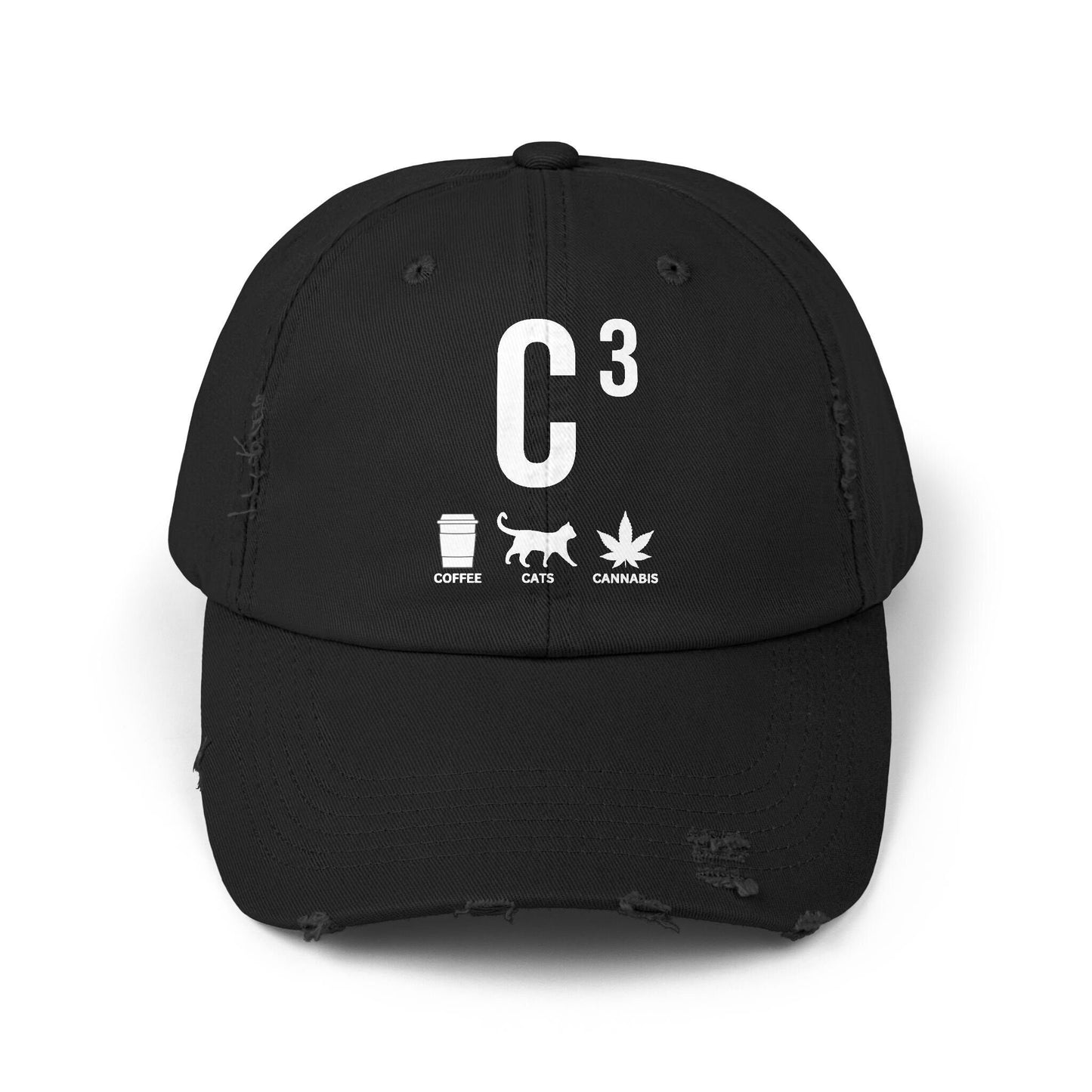 C3 Unisex Distressed Cap - Coffee, Cats, and Cannabis Lovers Hat