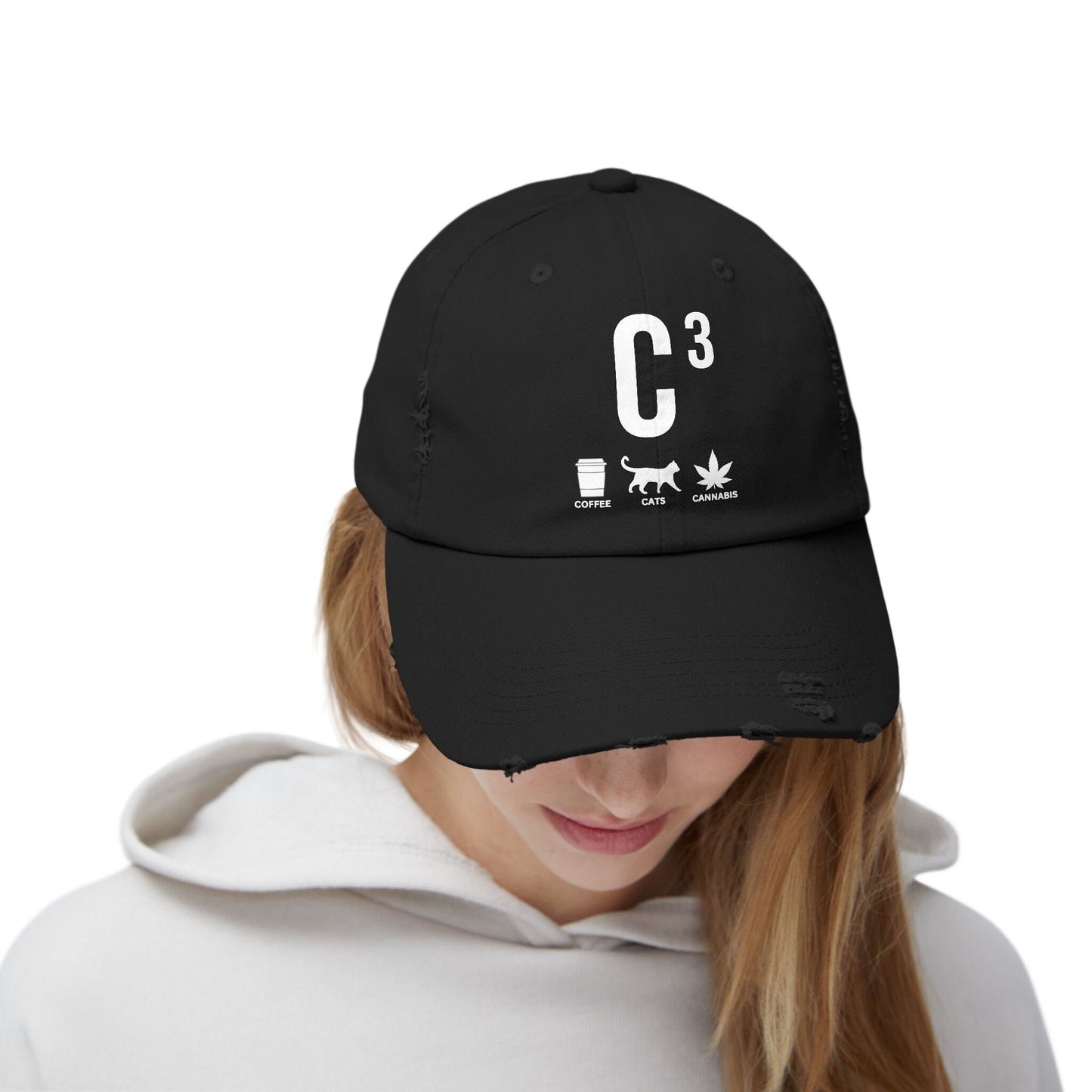 C3 Unisex Distressed Cap - Coffee, Cats, and Cannabis Lovers Hat