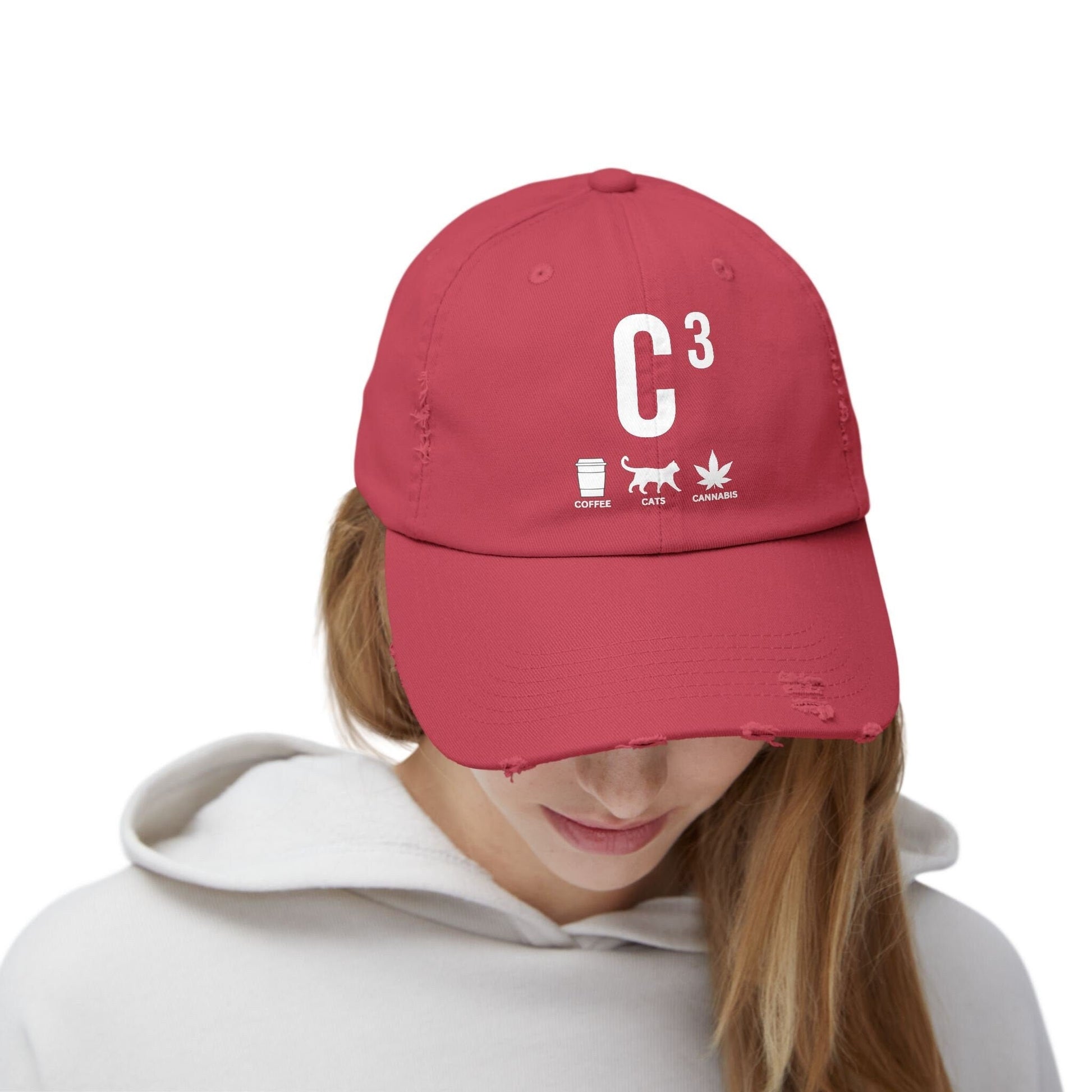 C3 Unisex Distressed Cap - Coffee, Cats, and Cannabis Lovers Hat