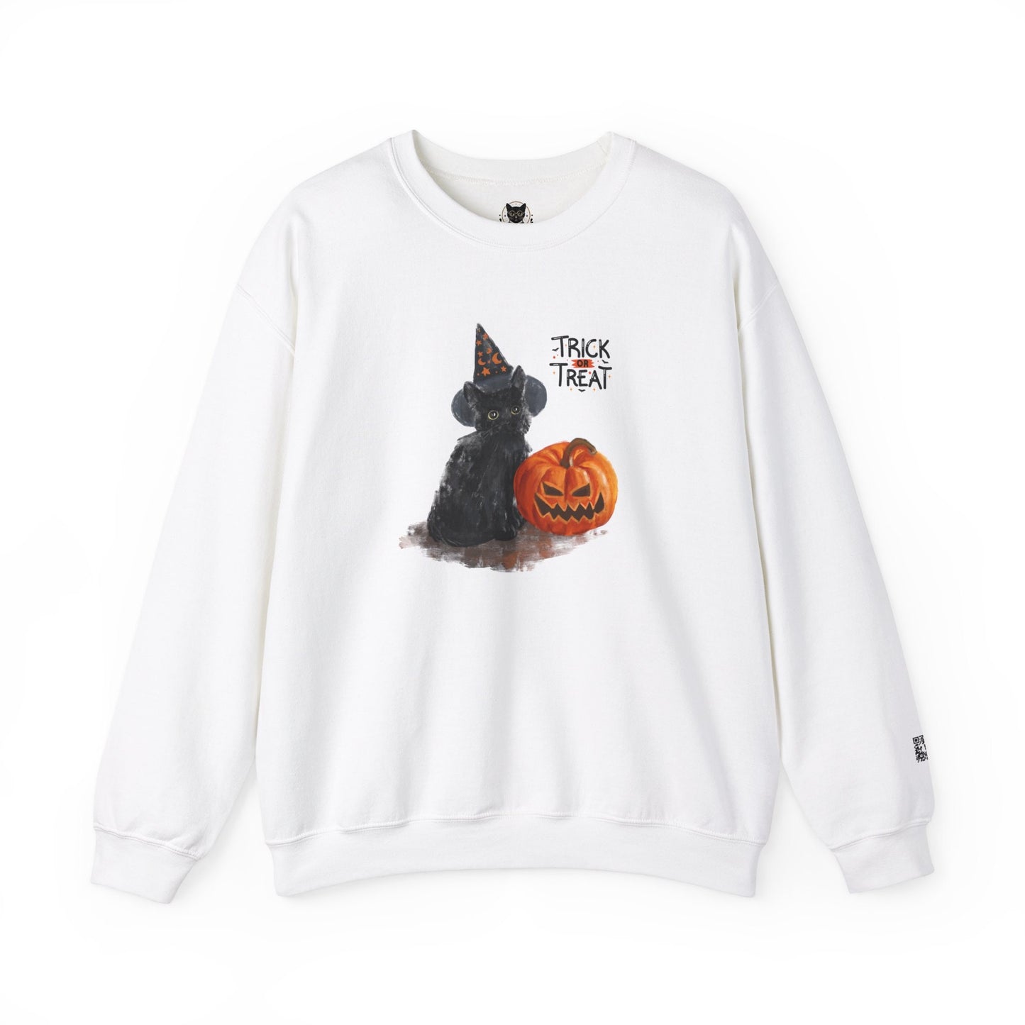 Black Cat Trick or Treat Halloween Crewneck Sweatshirt | Unisex Cat Lover Sweatshirt | Gildan 18000 Heavy Blend