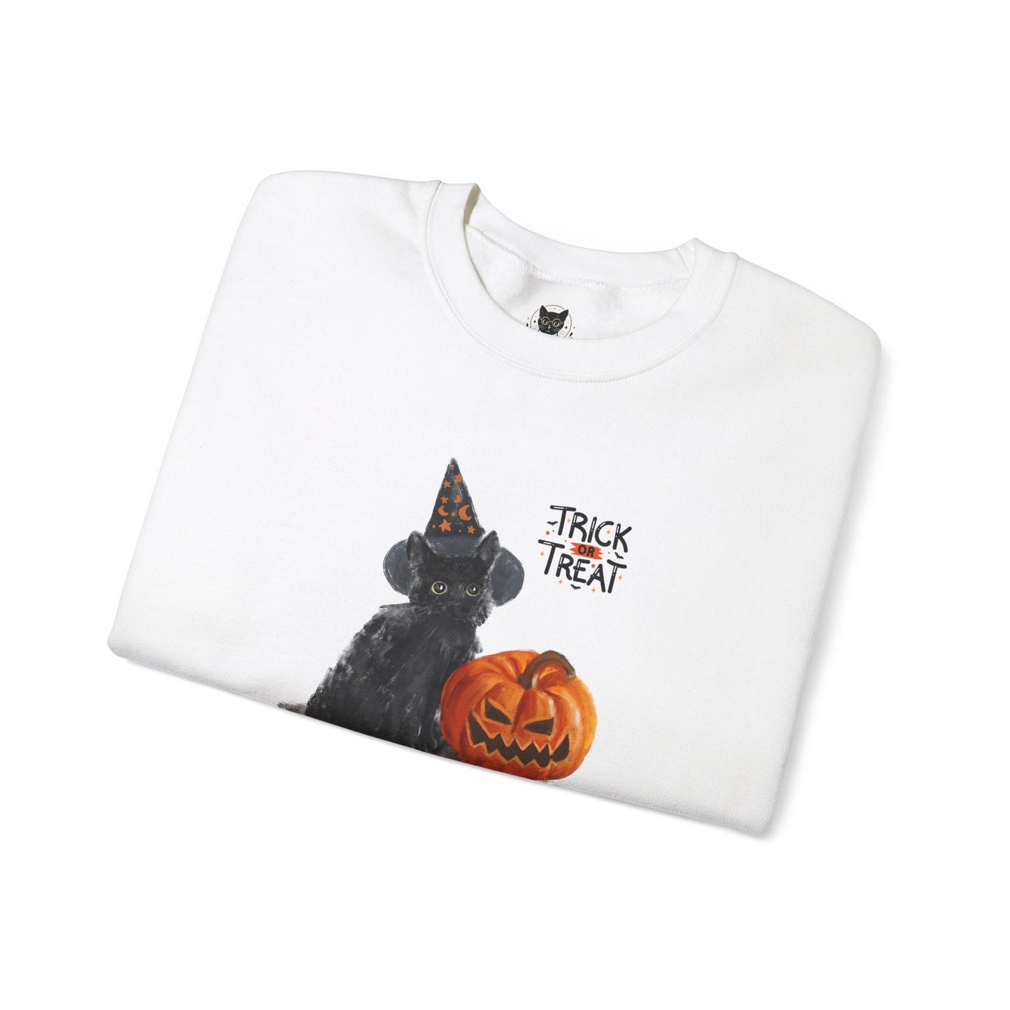 Black Cat Trick or Treat Halloween Crewneck Sweatshirt | Unisex Cat Lover Sweatshirt | Gildan 18000 Heavy Blend