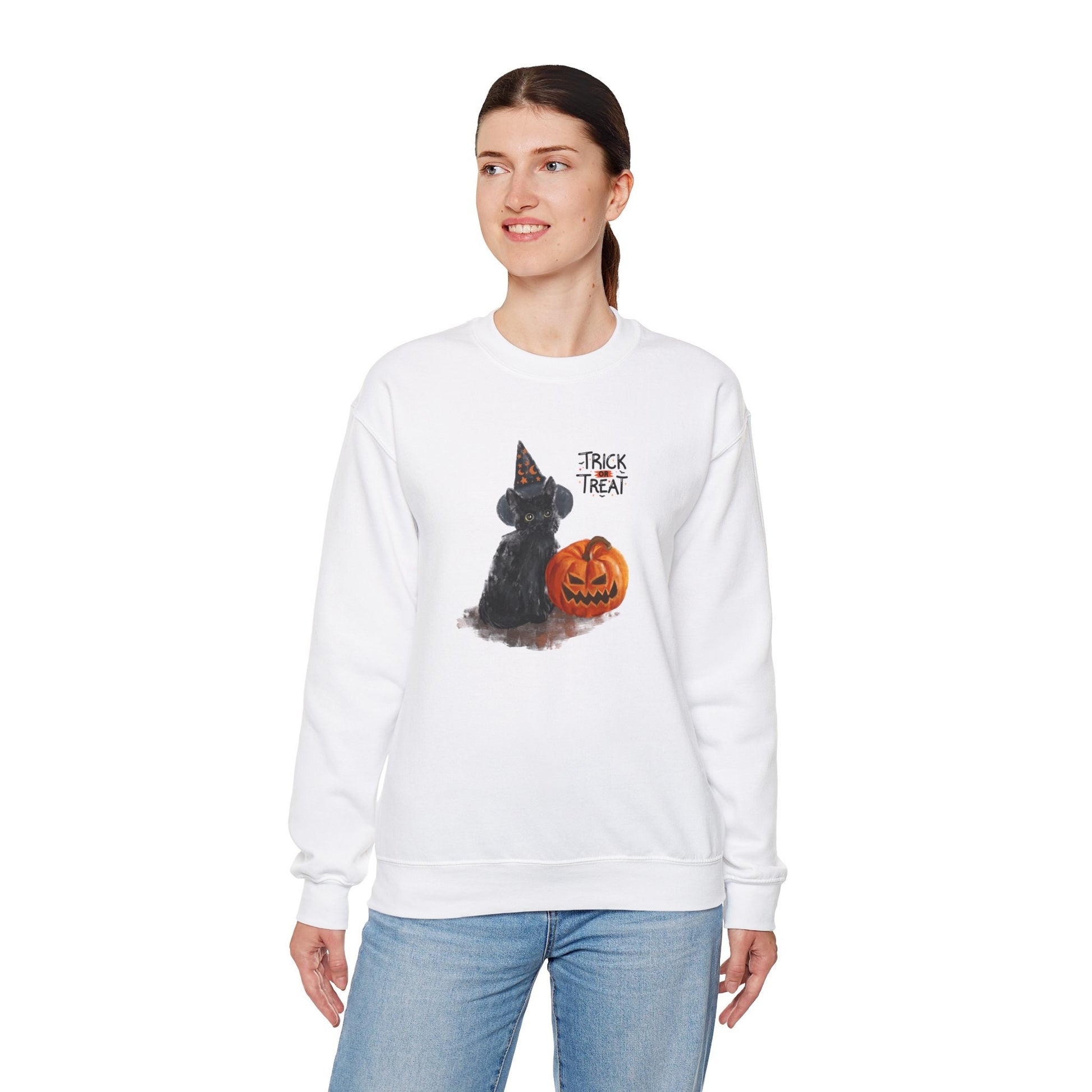 Black Cat Trick or Treat Halloween Crewneck Sweatshirt | Unisex Cat Lover Sweatshirt | Gildan 18000 Heavy Blend