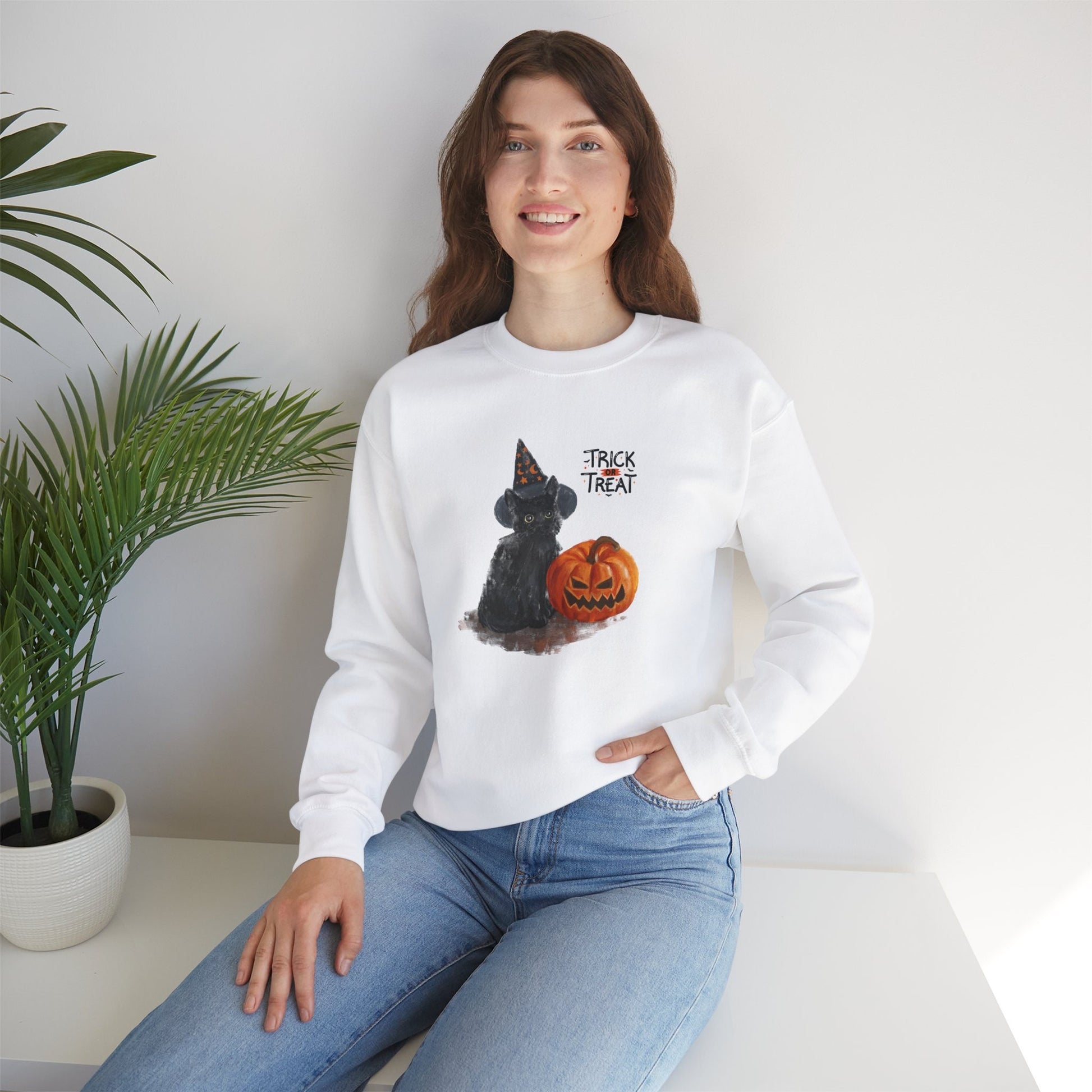 Black Cat Trick or Treat Halloween Crewneck Sweatshirt | Unisex Cat Lover Sweatshirt | Gildan 18000 Heavy Blend