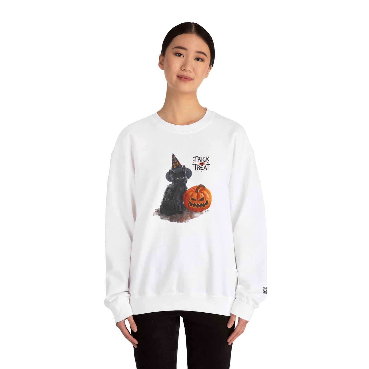 Black Cat Trick or Treat Halloween Crewneck Sweatshirt | Unisex Cat Lover Sweatshirt | Gildan 18000 Heavy Blend