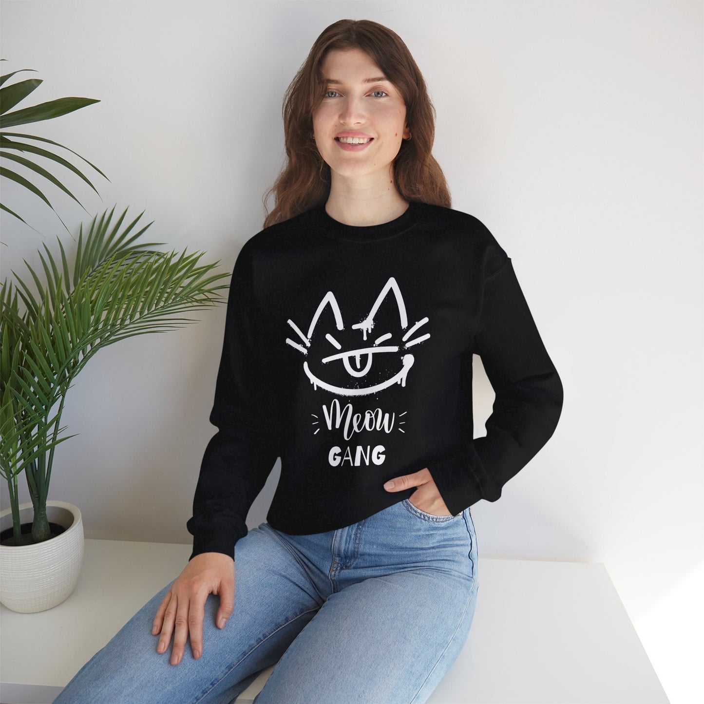 Meow Gang Spray Cat Crewneck Sweatshirt Bold Cat Lovers Street Art Style