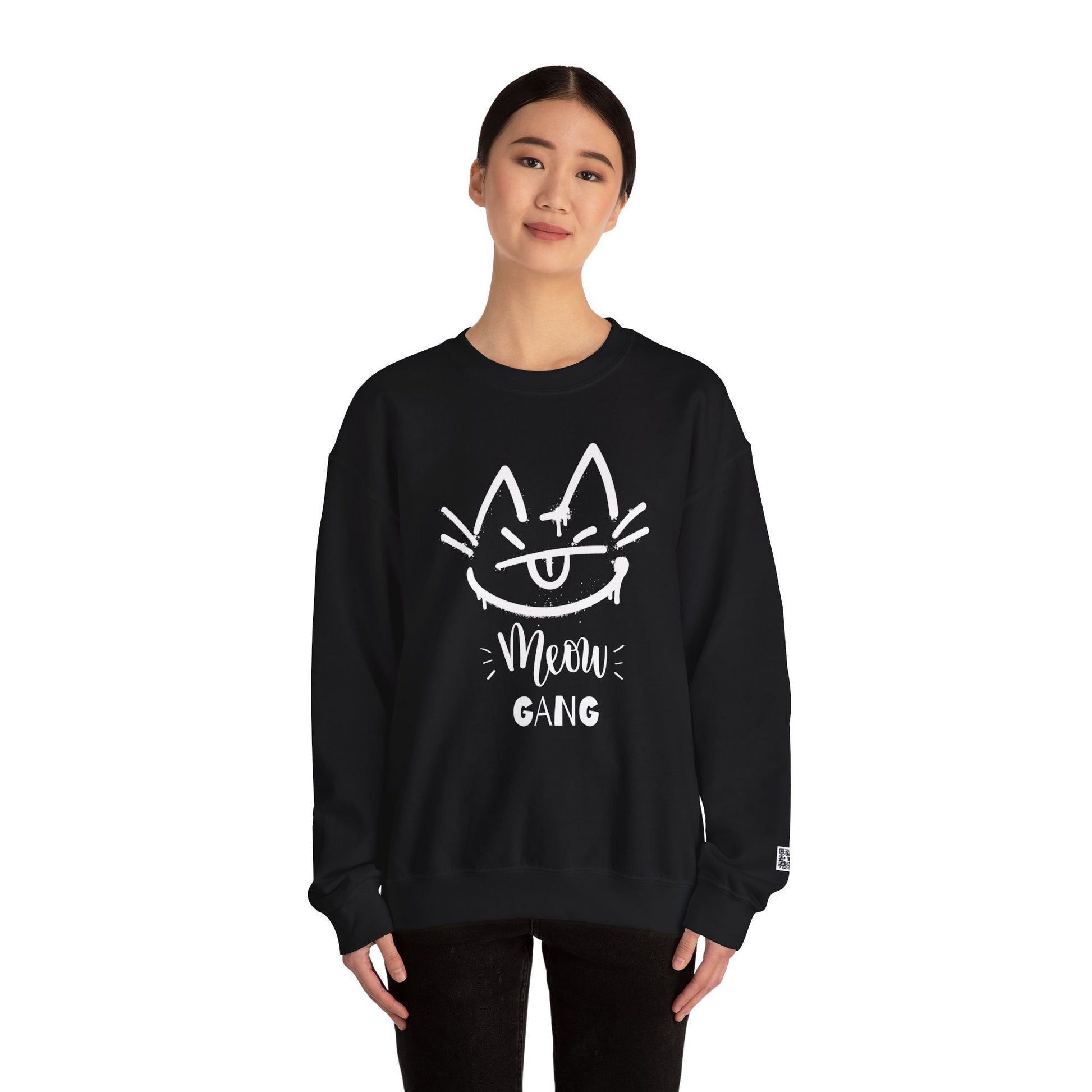 Meow Gang Spray Cat Crewneck Sweatshirt Bold Cat Lovers Street Art Style