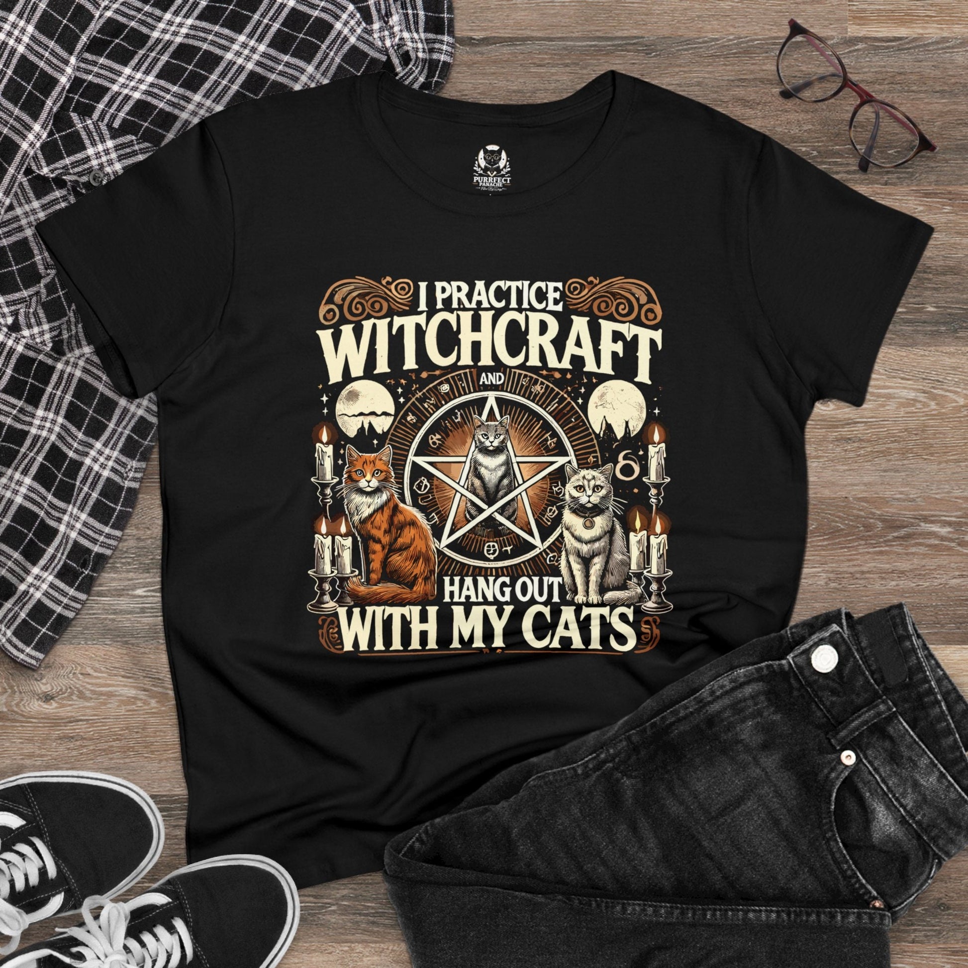 I Practice Witchcraft and Hang Out with My Cats Halloween Women's Midweight Cotton Tee