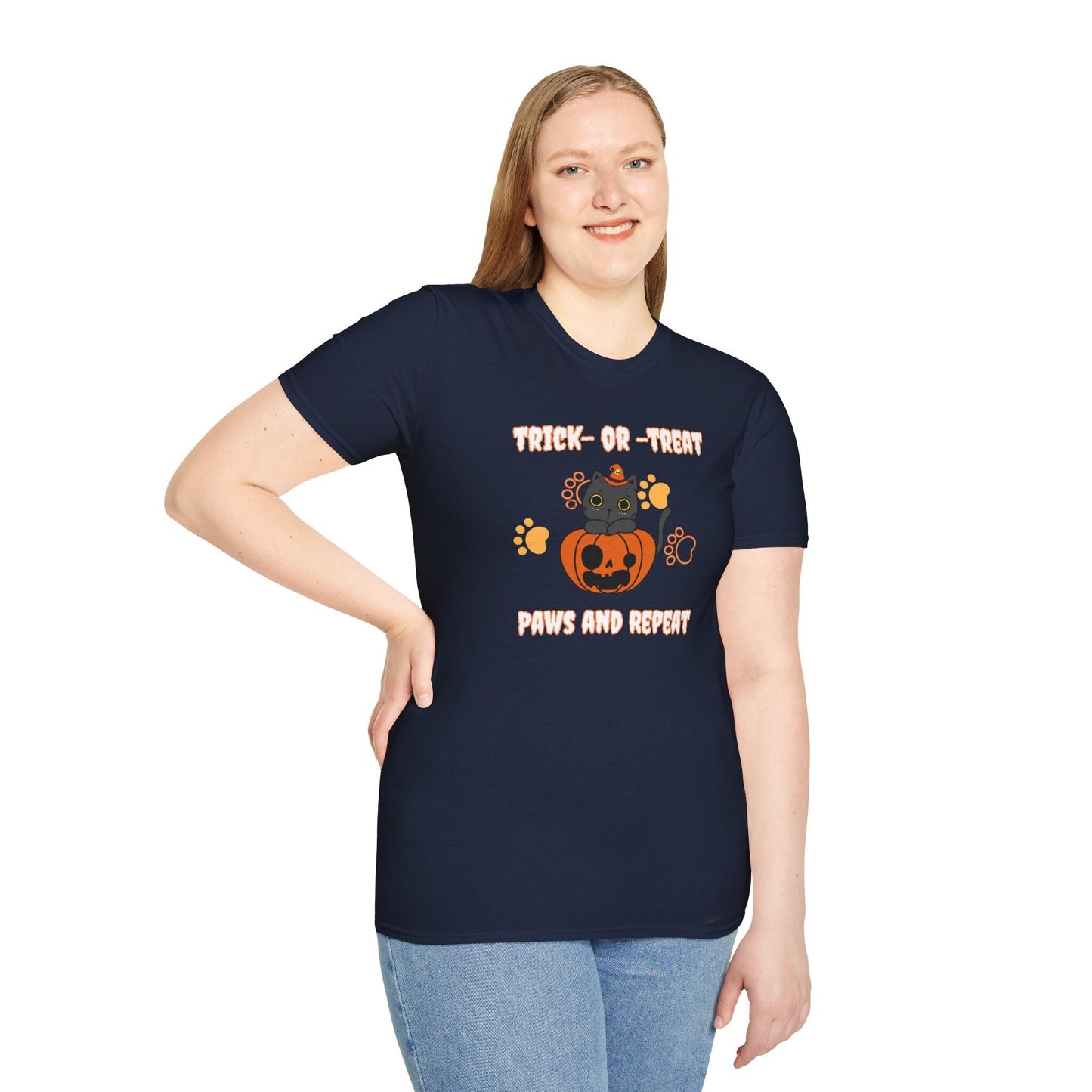 Trick or Treat, Paws and Repeat Halloween T-Shirt | Unisex Softstyle Cat Lover Tee | 100% Ethically Sourced Cotton