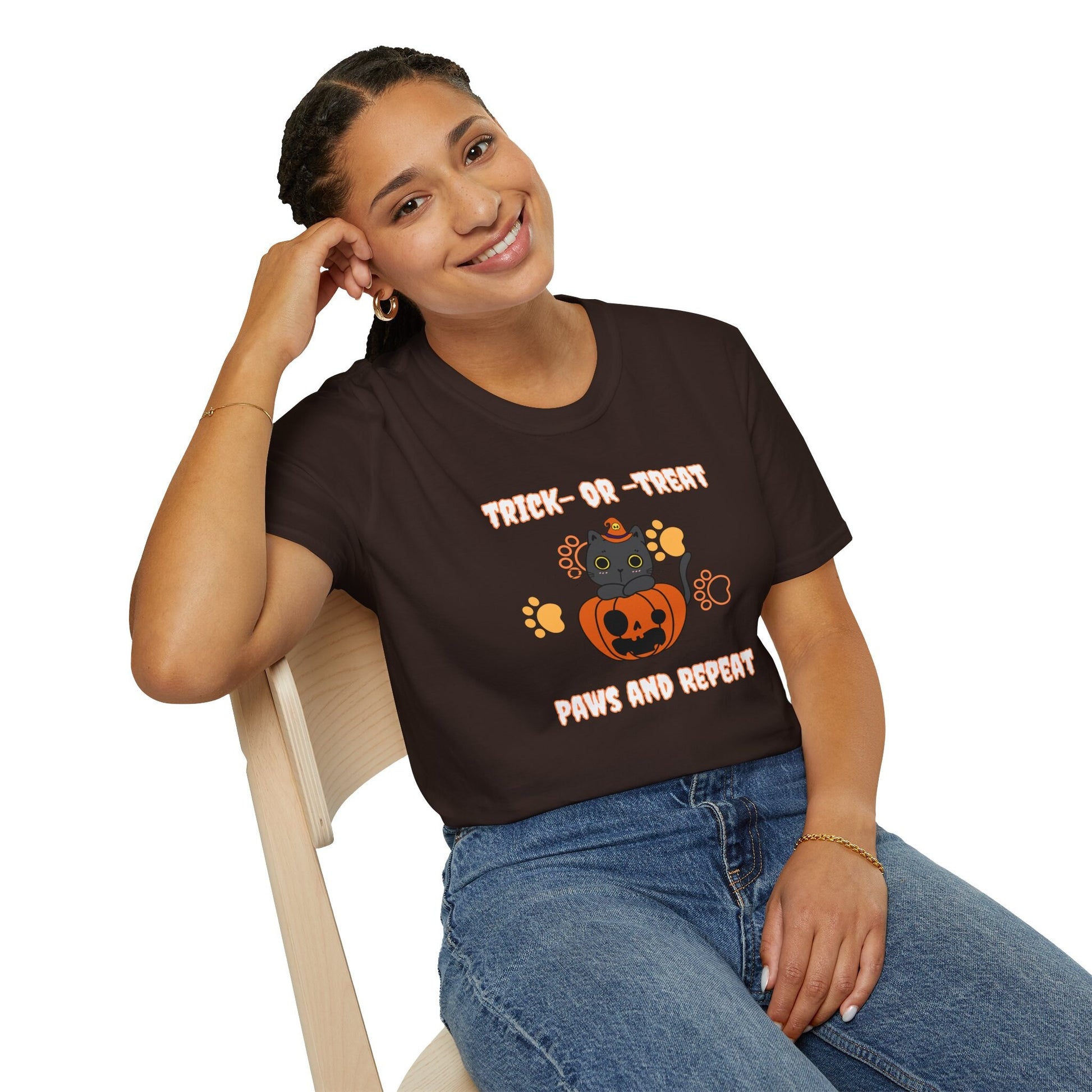 Trick or Treat, Paws and Repeat Halloween T-Shirt | Unisex Softstyle Cat Lover Tee | 100% Ethically Sourced Cotton