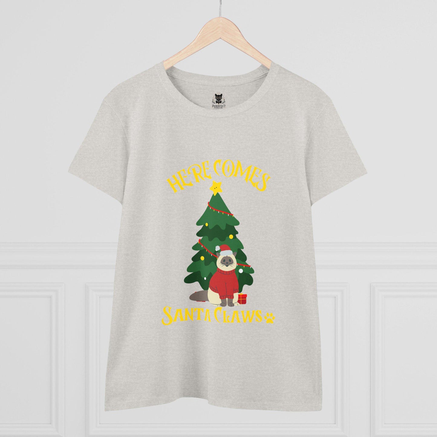 Here Comes Santa Claws Women's Midweight Cotton Tee Festive Cat Themed Christmas Shirt