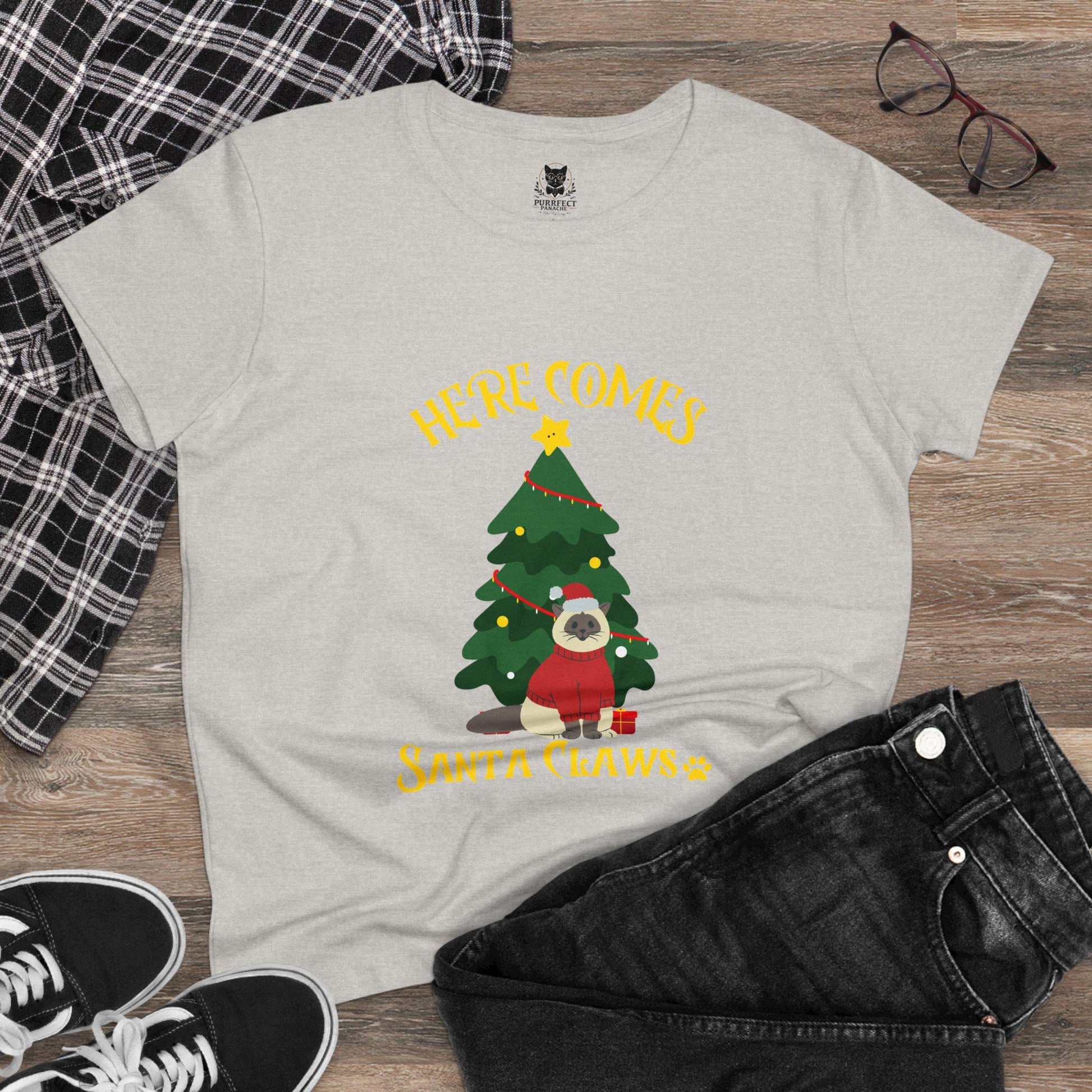 Here Comes Santa Claws Women's Midweight Cotton Tee Festive Cat Themed Christmas Shirt