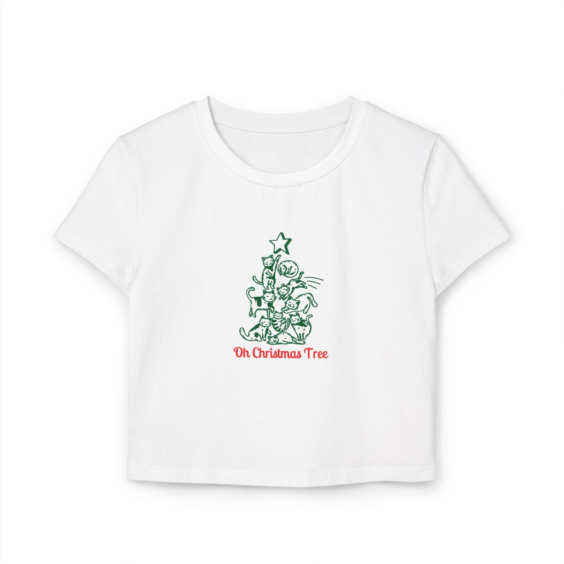 Oh Christmas Tree Women's Baby Tee Festive Cat Themed Holiday Shirt