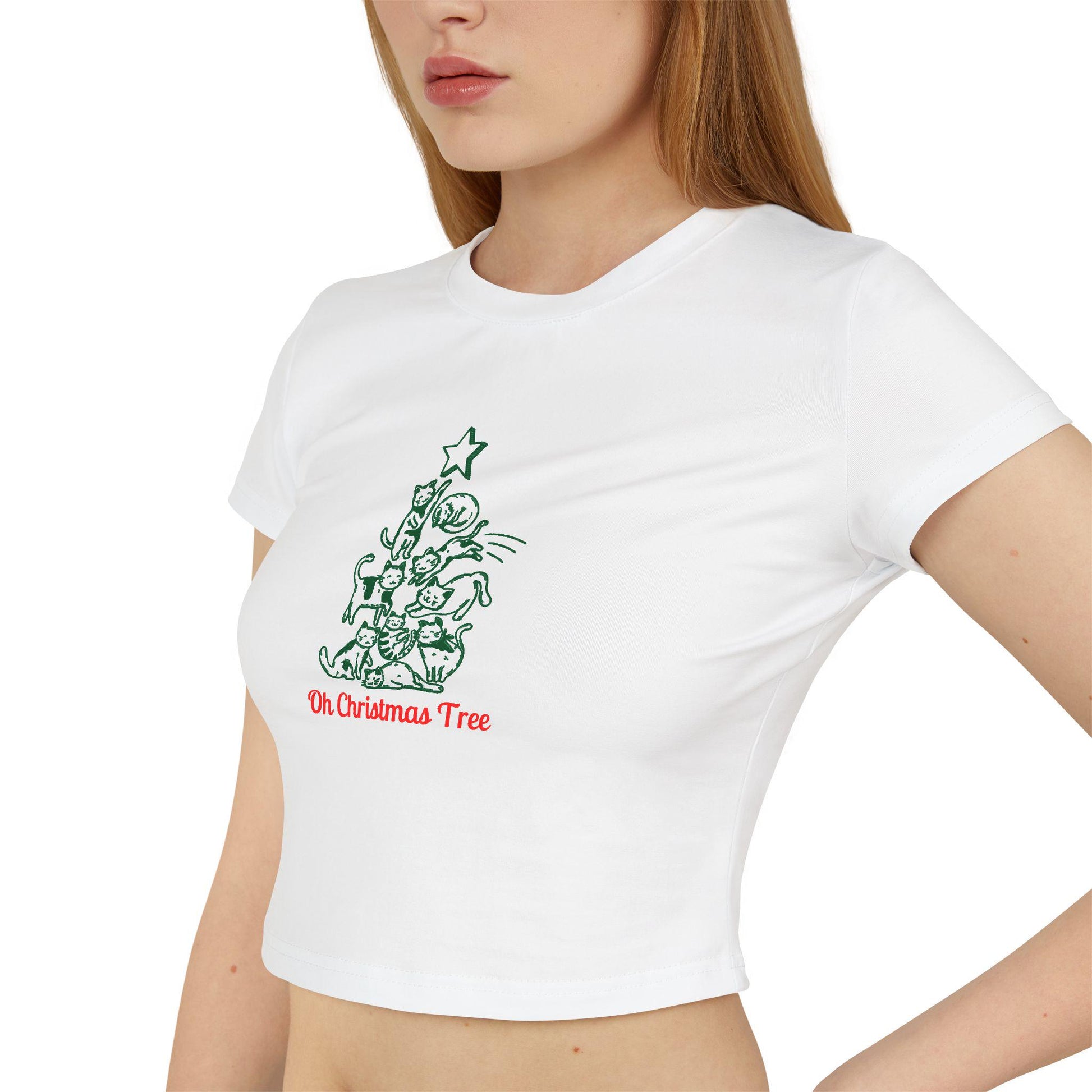 Oh Christmas Tree Women's Baby Tee Festive Cat Themed Holiday Shirt