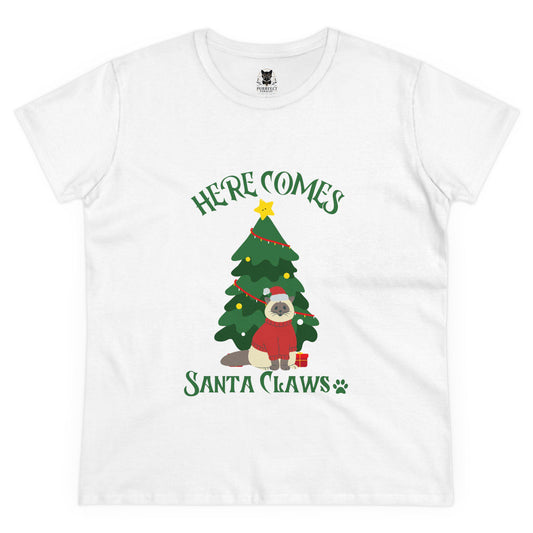 Here Comes Santa Claws Women's Midweight Cotton Tee Festive Cat Themed Christmas Shirt