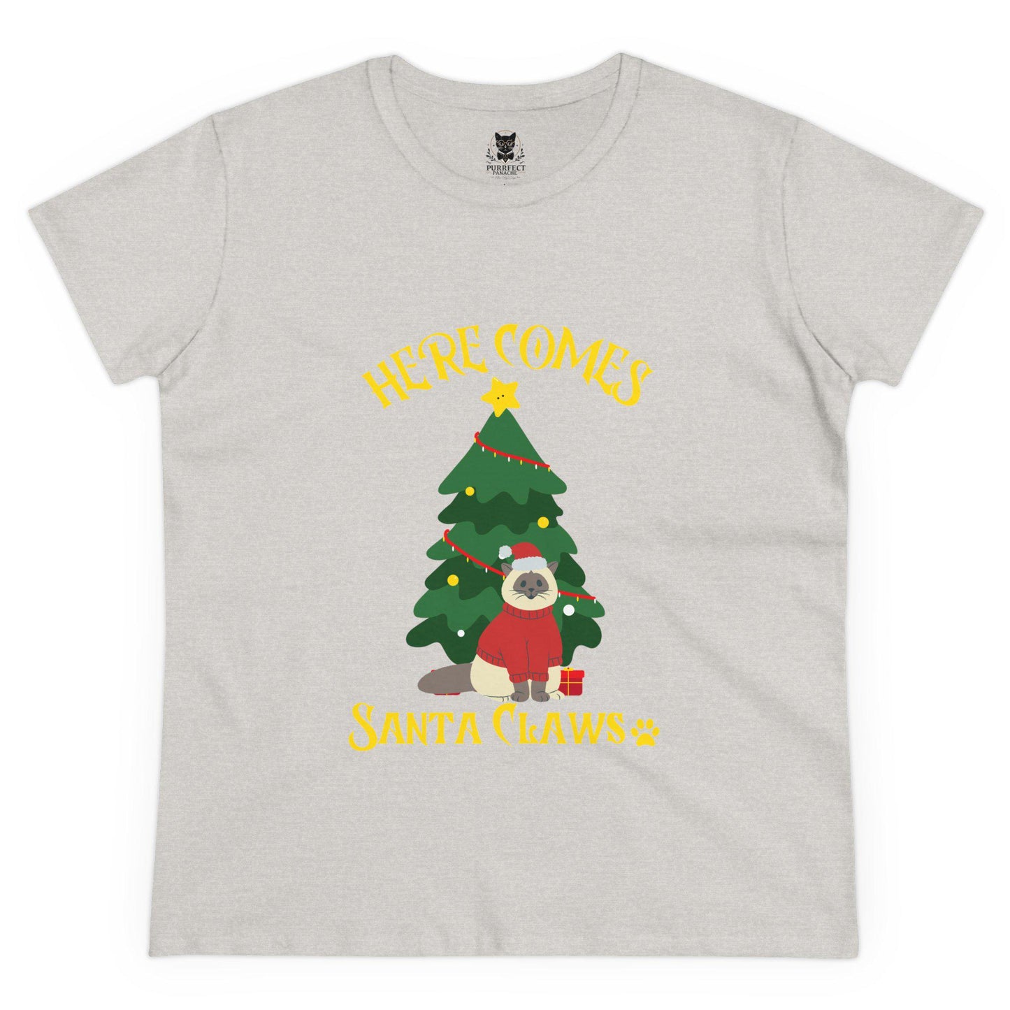 Here Comes Santa Claws Women's Midweight Cotton Tee Festive Cat Themed Christmas Shirt