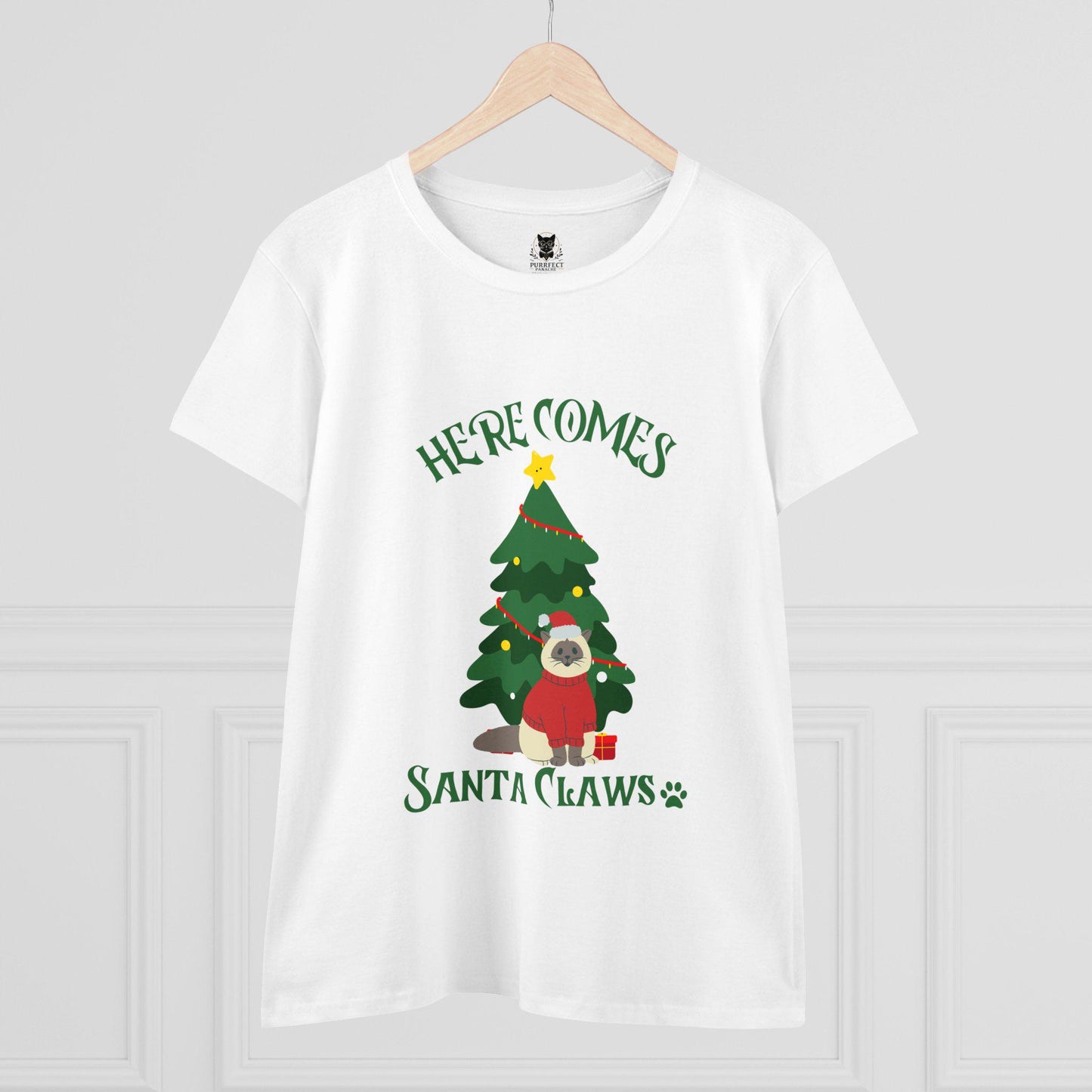 Here Comes Santa Claws Women's Midweight Cotton Tee Festive Cat Themed Christmas Shirt