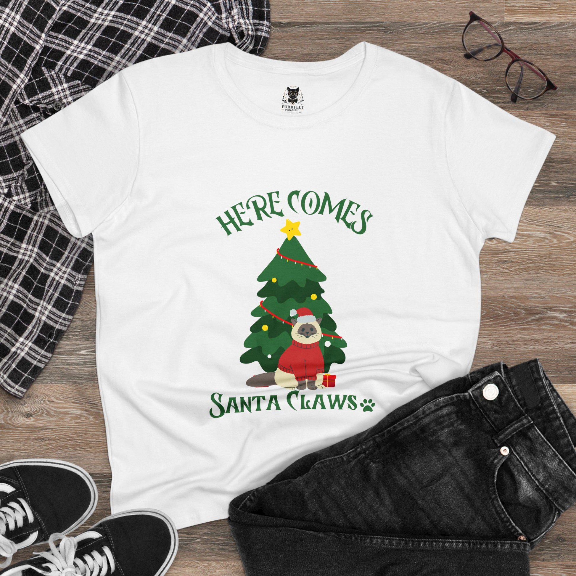 Here Comes Santa Claws Women's Midweight Cotton Tee Festive Cat Themed Christmas Shirt